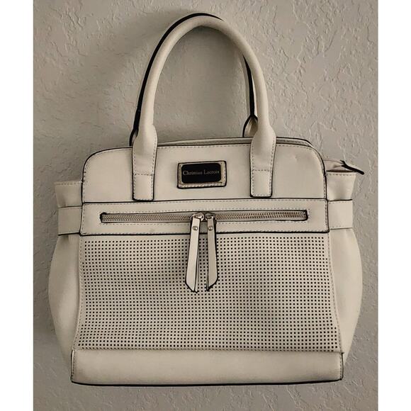 PURSE-CHRISTIAN LACROIX-Cream/Beige-Handles-Large-Faux Leather-Tote-Zippers - Picture 1 of 16